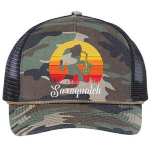 Funny Retro Bigfoot Silhouette Sun Saxophone Bigfoot Retro Rope Trucker Hat Cap