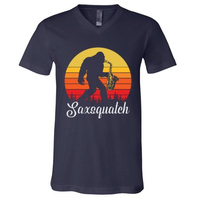 Funny Retro Bigfoot Silhouette Sun Saxophone Bigfoot V-Neck T-Shirt