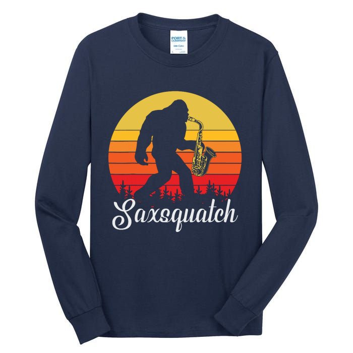 Funny Retro Bigfoot Silhouette Sun Saxophone Bigfoot Tall Long Sleeve T-Shirt