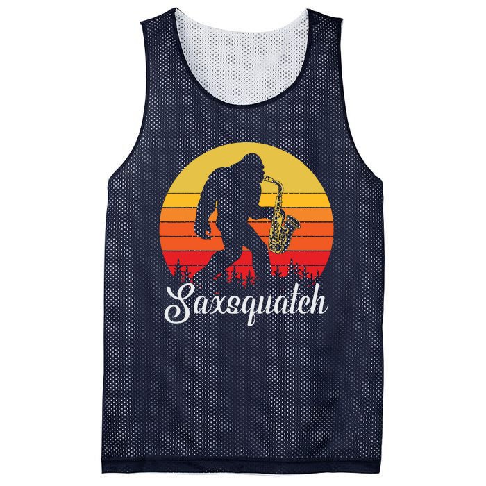 Funny Retro Bigfoot Silhouette Sun Saxophone Bigfoot Mesh Reversible Basketball Jersey Tank