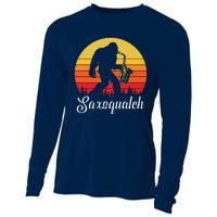 Funny Retro Bigfoot Silhouette Sun Saxophone Bigfoot Cooling Performance Long Sleeve Crew