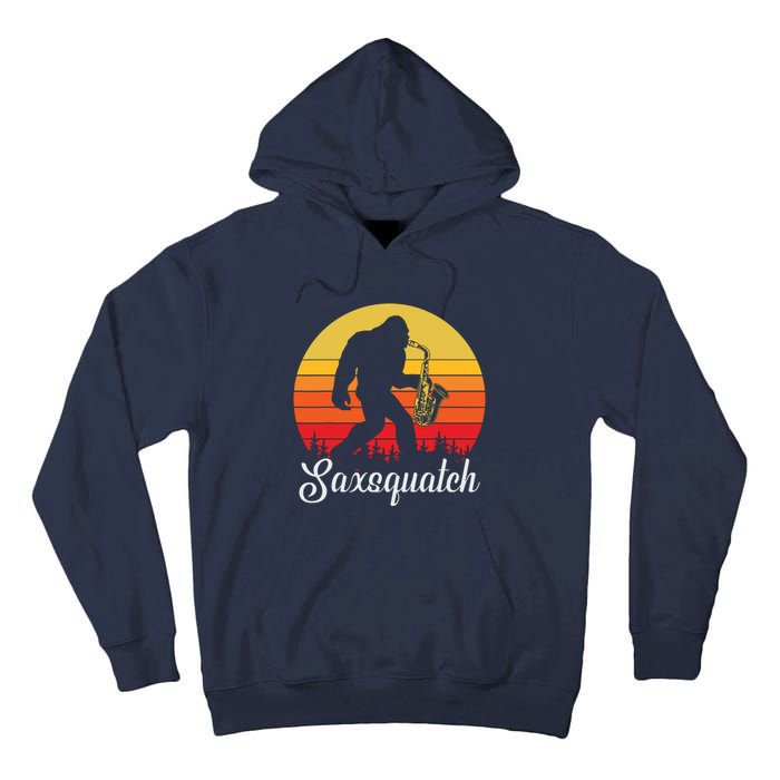 Funny Retro Bigfoot Silhouette Sun Saxophone Bigfoot Tall Hoodie