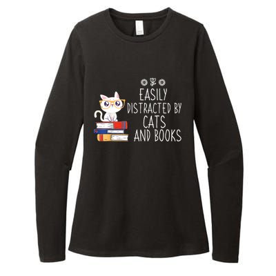 Funny Reading Book Lover Easily Distracted By Cats And Books Womens CVC Long Sleeve Shirt