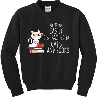 Funny Reading Book Lover Easily Distracted By Cats And Books Kids Sweatshirt