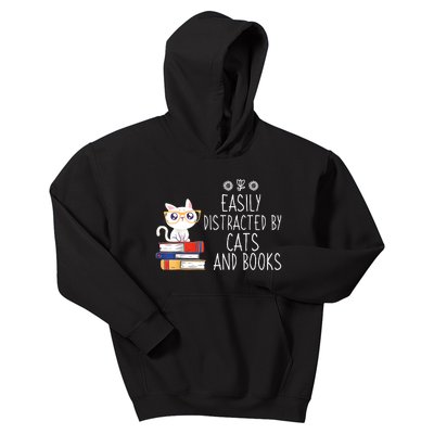 Funny Reading Book Lover Easily Distracted By Cats And Books Kids Hoodie