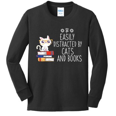 Funny Reading Book Lover Easily Distracted By Cats And Books Kids Long Sleeve Shirt