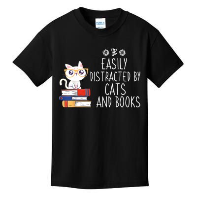 Funny Reading Book Lover Easily Distracted By Cats And Books Kids T-Shirt