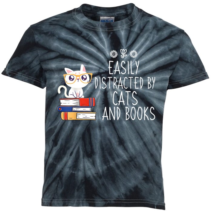 Funny Reading Book Lover Easily Distracted By Cats And Books Kids Tie-Dye T-Shirt