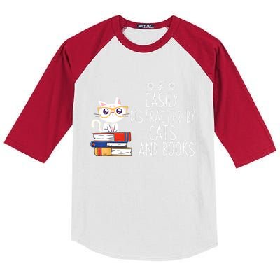 Funny Reading Book Lover Easily Distracted By Cats And Books Kids Colorblock Raglan Jersey