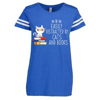 Funny Reading Book Lover Easily Distracted By Cats And Books Enza Ladies Jersey Football T-Shirt