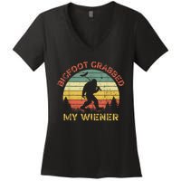 Funny Retro Bigfoot Bigfoot Grabbed My Wiener Design Women's V-Neck T-Shirt