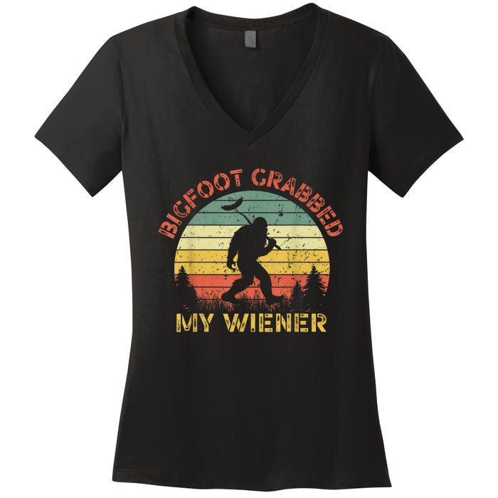 Funny Retro Bigfoot Bigfoot Grabbed My Wiener Design Women's V-Neck T-Shirt