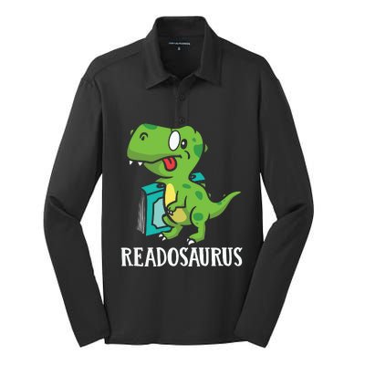 Funny Reading Book Readers Dinosaur Dino Apparel Silk Touch Performance Long Sleeve Polo