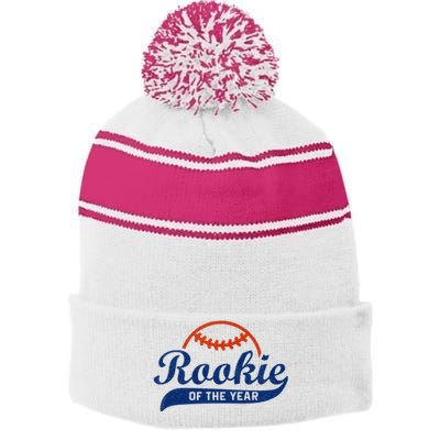 Funny Retro Baseball Rookie Of The Year Stripe Pom Pom Beanie