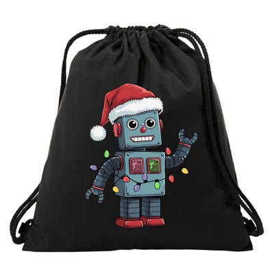 Festive Robot Bringing Christmas Cheer And Fun Lights Drawstring Bag