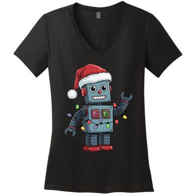 Festive Robot Bringing Christmas Cheer And Fun Lights Women's V-Neck T-Shirt