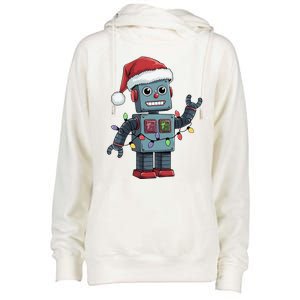 Festive Robot Bringing Christmas Cheer And Fun Lights Womens Funnel Neck Pullover Hood