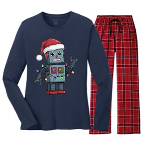 Festive Robot Bringing Christmas Cheer And Fun Lights Women's Long Sleeve Flannel Pajama Set 