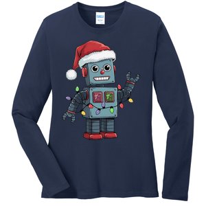 Festive Robot Bringing Christmas Cheer And Fun Lights Ladies Long Sleeve Shirt