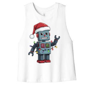 Festive Robot Bringing Christmas Cheer And Fun Lights Women's Racerback Cropped Tank