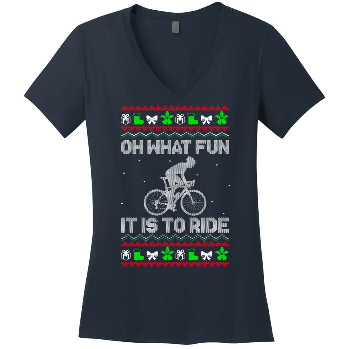 Funny Road Bike Riding Cycling Xmas Women's V-Neck T-Shirt