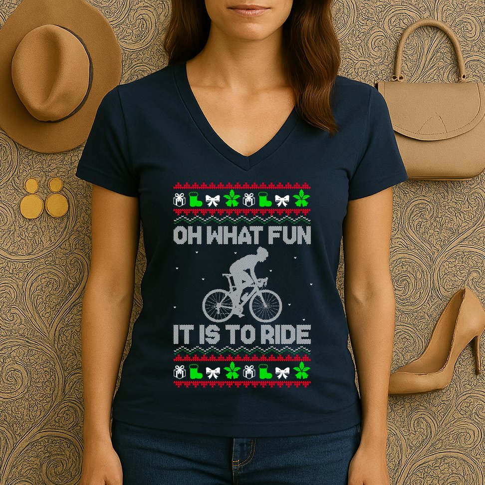 Funny Road Bike Riding Cycling Xmas Women's V-Neck T-Shirt