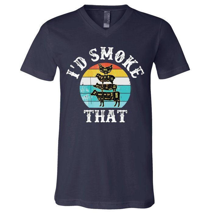 Funny Retro BBQ Party Smoker Chef I'd Smoke That V-Neck T-Shirt
