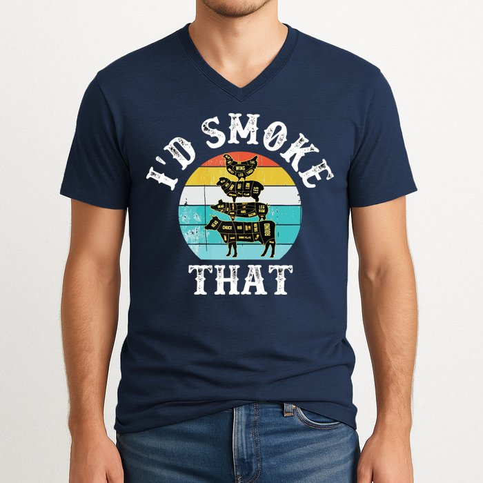 Funny Retro BBQ Party Smoker Chef I'd Smoke That V-Neck T-Shirt