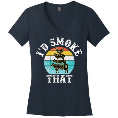 Funny Retro BBQ Party Smoker Chef I'd Smoke That Women's V-Neck T-Shirt