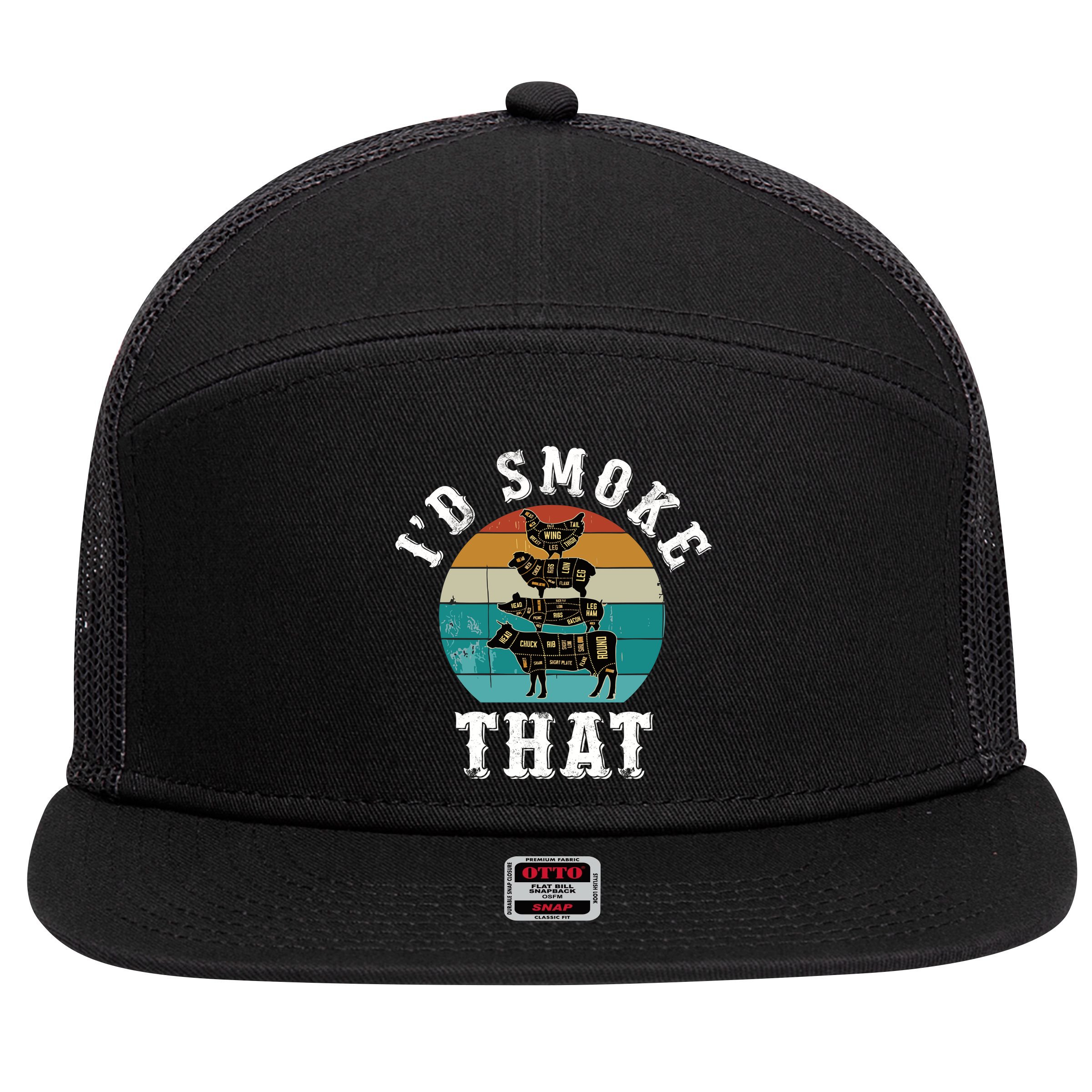 Funny Retro Bbq Party Smoker Chef Dad Gift ID Smoke That 7 Panel Mesh Trucker Snapback Hat