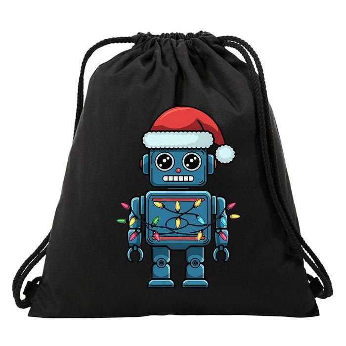 Festive Robot Bringing Christmas Cheer And Fun Lights Drawstring Bag
