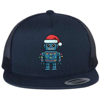 Festive Robot Bringing Christmas Cheer And Fun Lights Flat Bill Trucker Hat