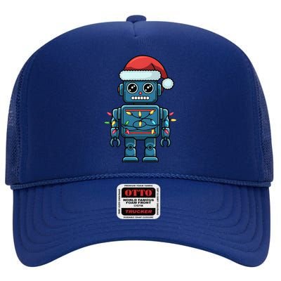 Festive Robot Bringing Christmas Cheer And Fun Lights High Crown Mesh Back Trucker Hat