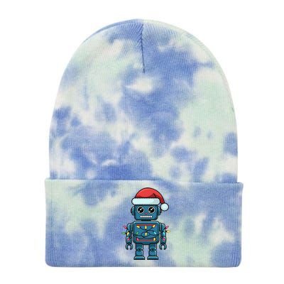 Festive Robot Bringing Christmas Cheer And Fun Lights Tie Dye 12in Knit Beanie