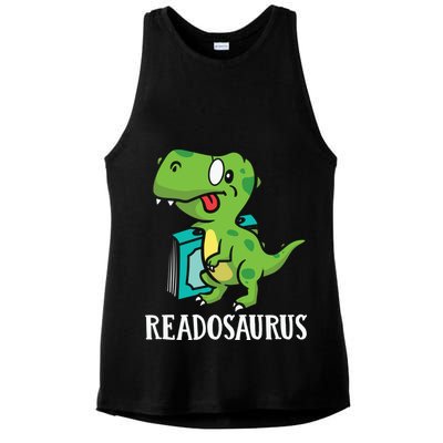 Funny Reading Book Readers Dinosaur Dino Apparel Ladies PosiCharge Tri-Blend Wicking Tank