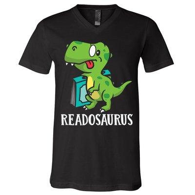 Funny Reading Book Readers Dinosaur Dino Apparel V-Neck T-Shirt