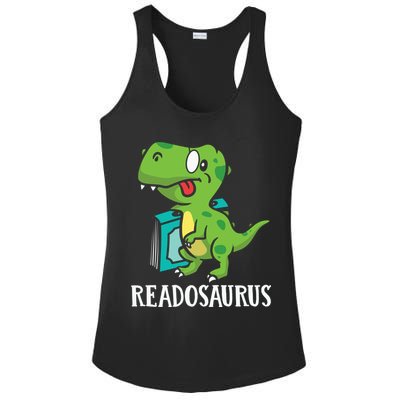 Funny Reading Book Readers Dinosaur Dino Apparel Ladies PosiCharge Competitor Racerback Tank