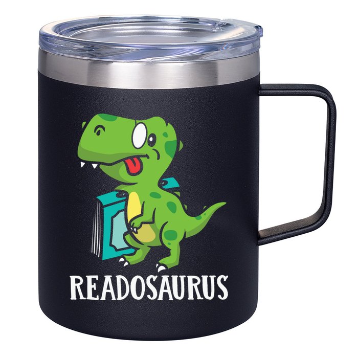 Funny Reading Book Readers Dinosaur Dino Apparel 12oz Stainless Steel Coffee Mug