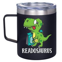 Funny Reading Book Readers Dinosaur Dino Apparel 12oz Stainless Steel Coffee Mug