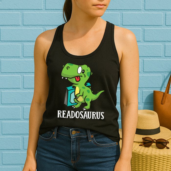 Funny Reading Book Readers Dinosaur Dino Apparel Womens Tank Top