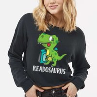 Funny Reading Book Readers Dinosaur Dino Apparel Cropped Pullover Crew