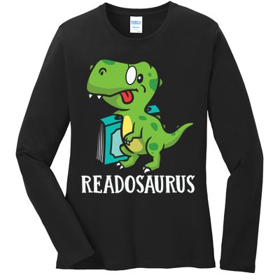 Funny Reading Book Readers Dinosaur Dino Apparel Ladies Long Sleeve Shirt