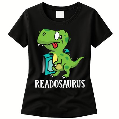 Funny Reading Book Readers Dinosaur Dino Apparel Womens T-Shirt