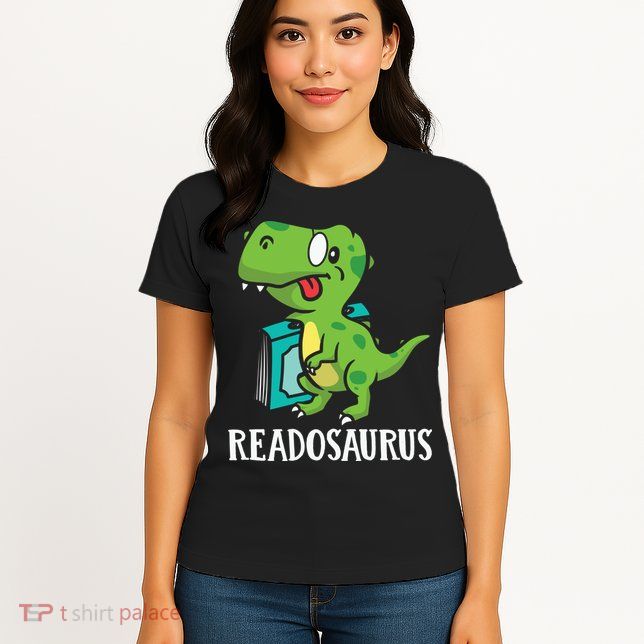 Funny Reading Book Readers Dinosaur Dino Apparel Womens T-Shirt