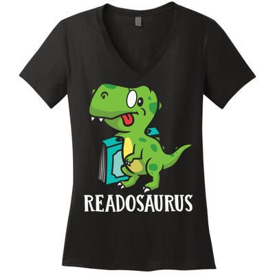Funny Reading Book Readers Dinosaur Dino Apparel Women's V-Neck T-Shirt