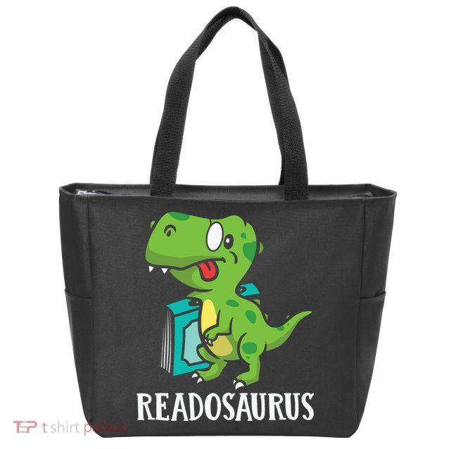 Funny Reading Book Readers Dinosaur Dino Apparel Zip Tote Bag