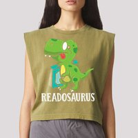 Funny Reading Book Readers Dinosaur Dino Apparel Garment-Dyed Women's Muscle Tee