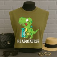Funny Reading Book Readers Dinosaur Dino Apparel Garment-Dyed Women's Muscle Tee