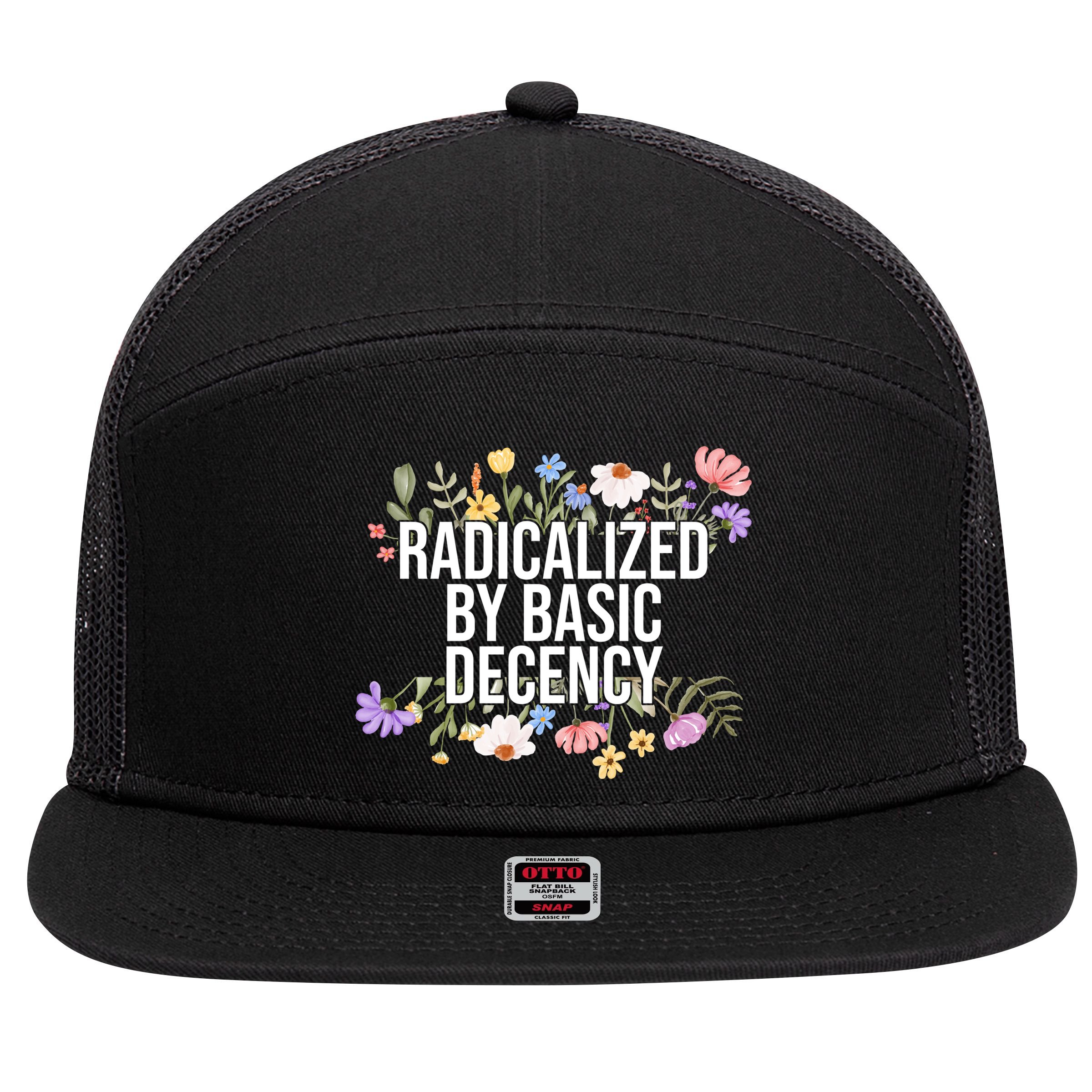 Funny Radicalized By Basic Decency Vintage Floral 7 Panel Mesh Trucker Snapback Hat