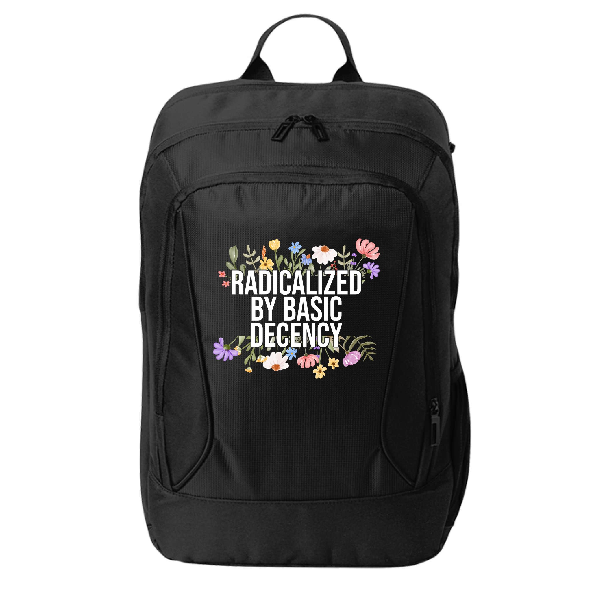 Funny Radicalized By Basic Decency Vintage Floral City Backpack